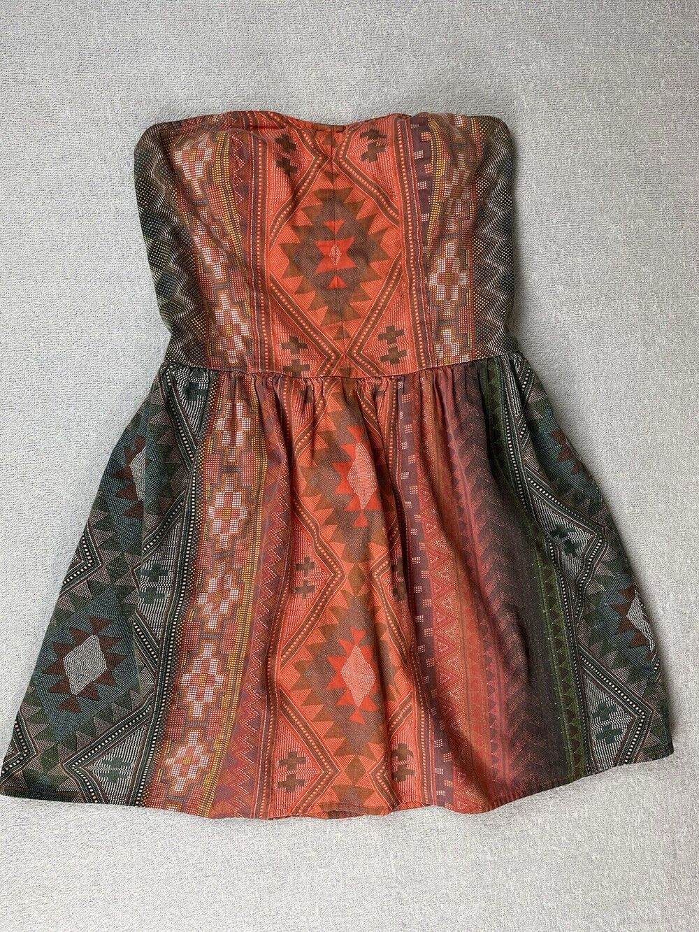 Aztec Tribal Print Strapless Mini Dress Women's Large Orange Cotton Arizona Jean